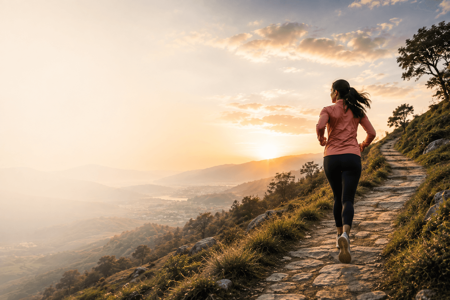 A woman running along a stone mountain path at sunrise, looking out over a valley — health as a journey toward the horizon